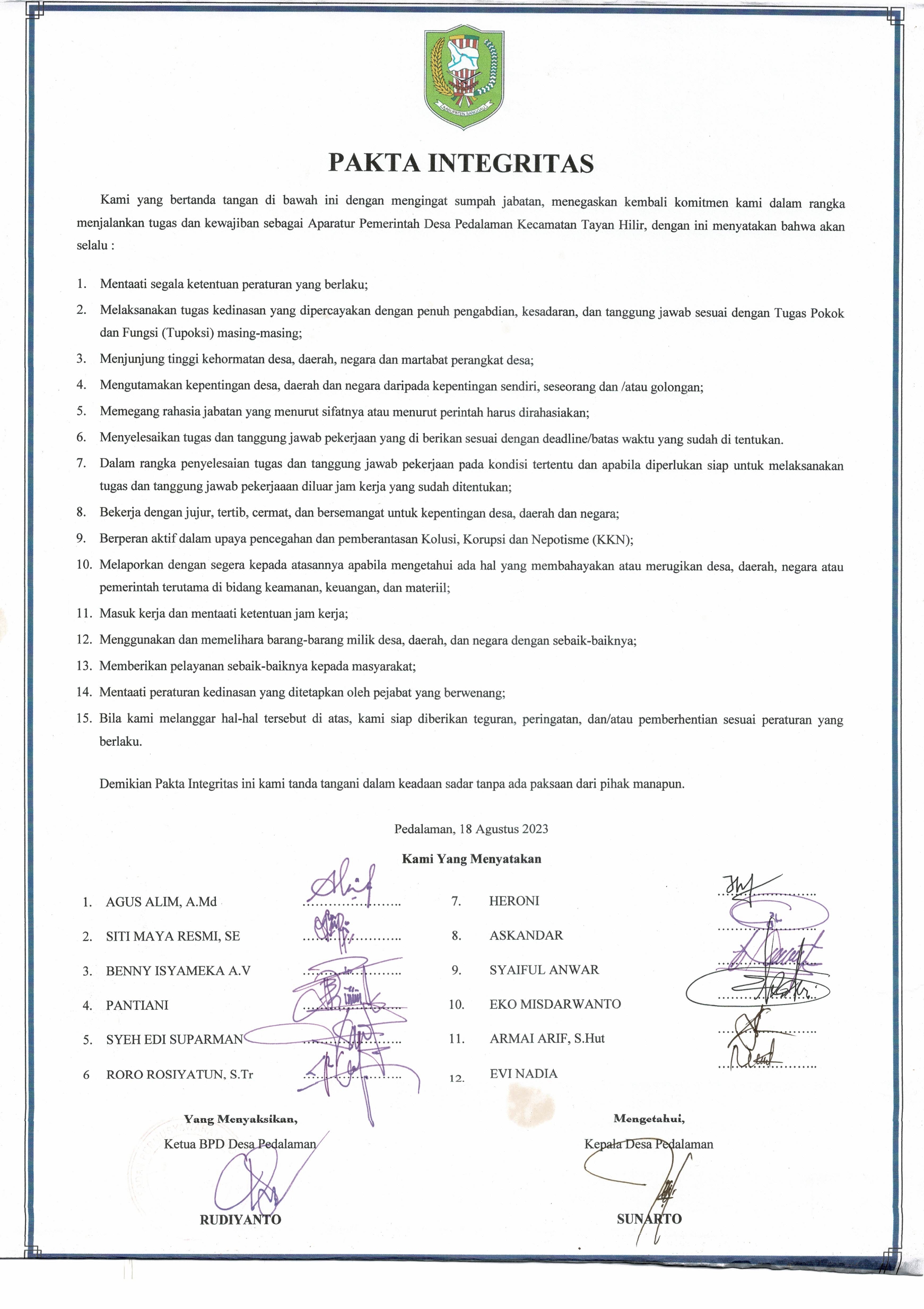 Pakta Integritas Pemdes Pedalaman